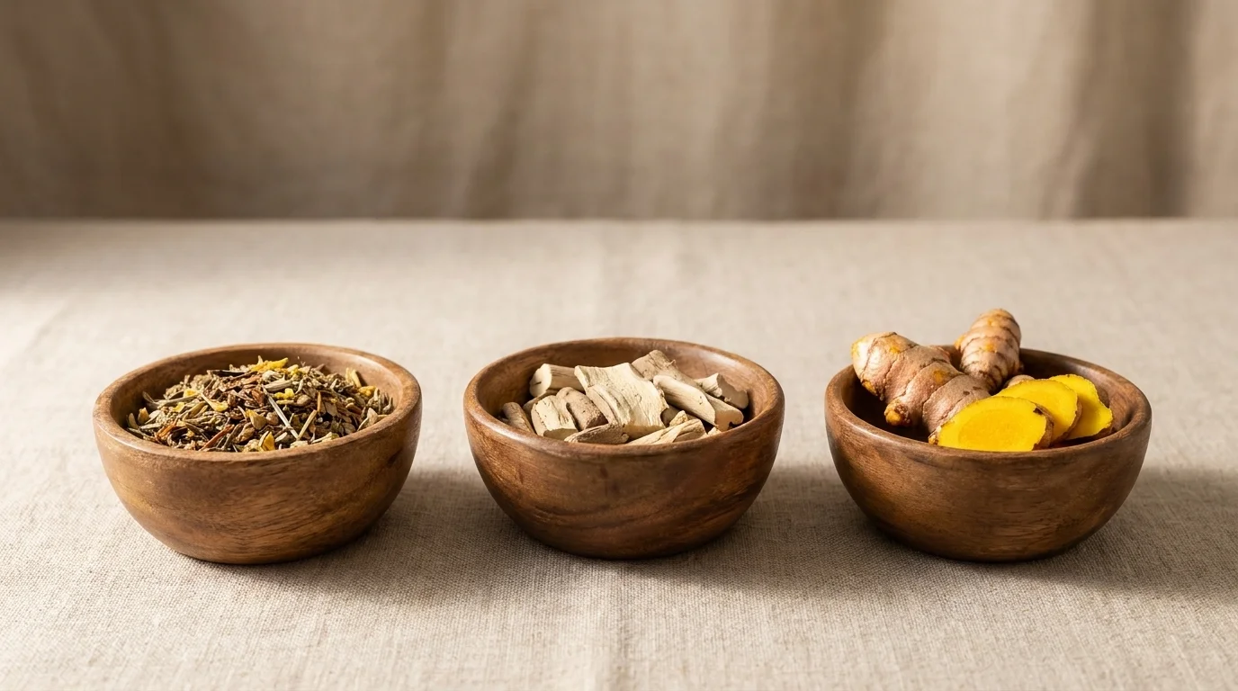 Three wooden bowls of dried herbs, pale kava root, and raw golden turmeric root on a linen surface
