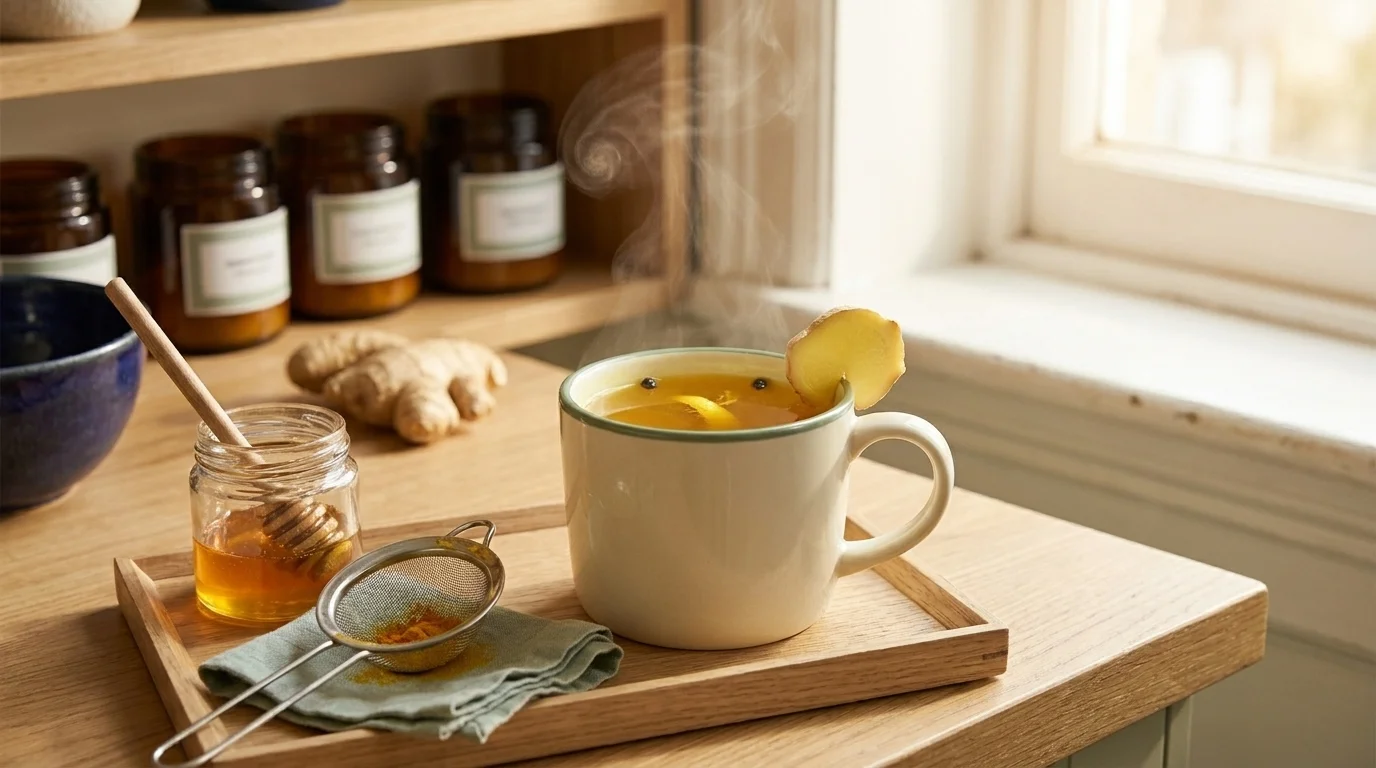 Steaming mug of golden turmeric-ginger tea on a wood tray with honey jar and tea strainer in morning light