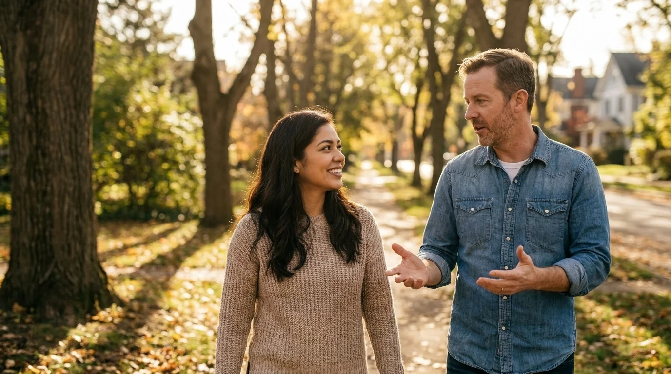 Two friends on a casual walk together along a tree-lined path in soft afternoon light, mid-conversation