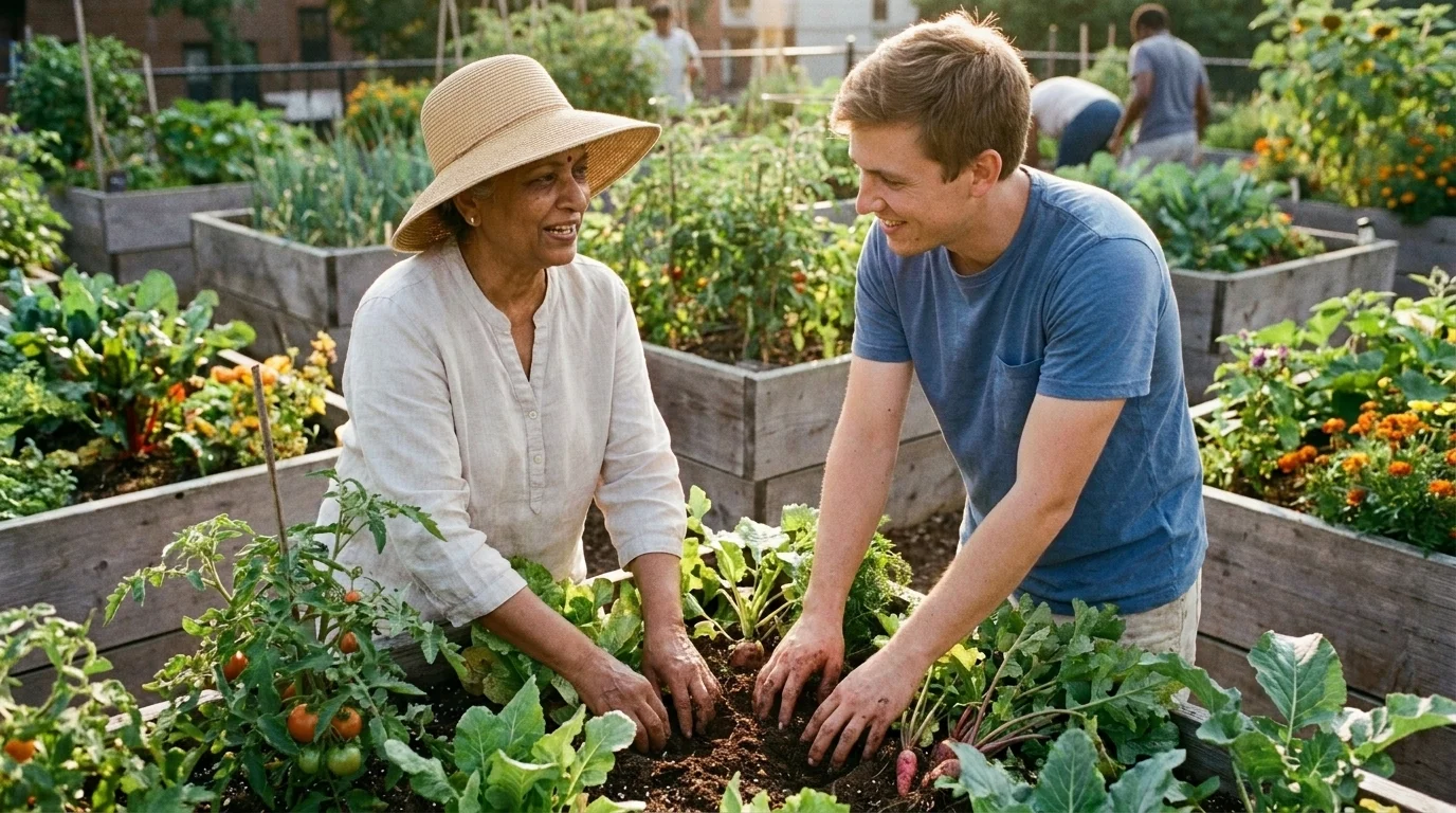 Two people tending a shared raised-bed community garden plot together among leafy greens in soft afternoon light