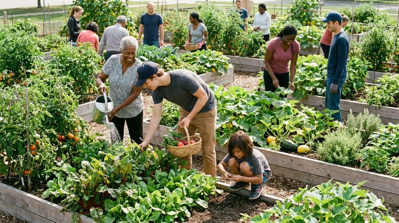 People of varied ages tending leafy greens in raised beds at a thriving urban community garden