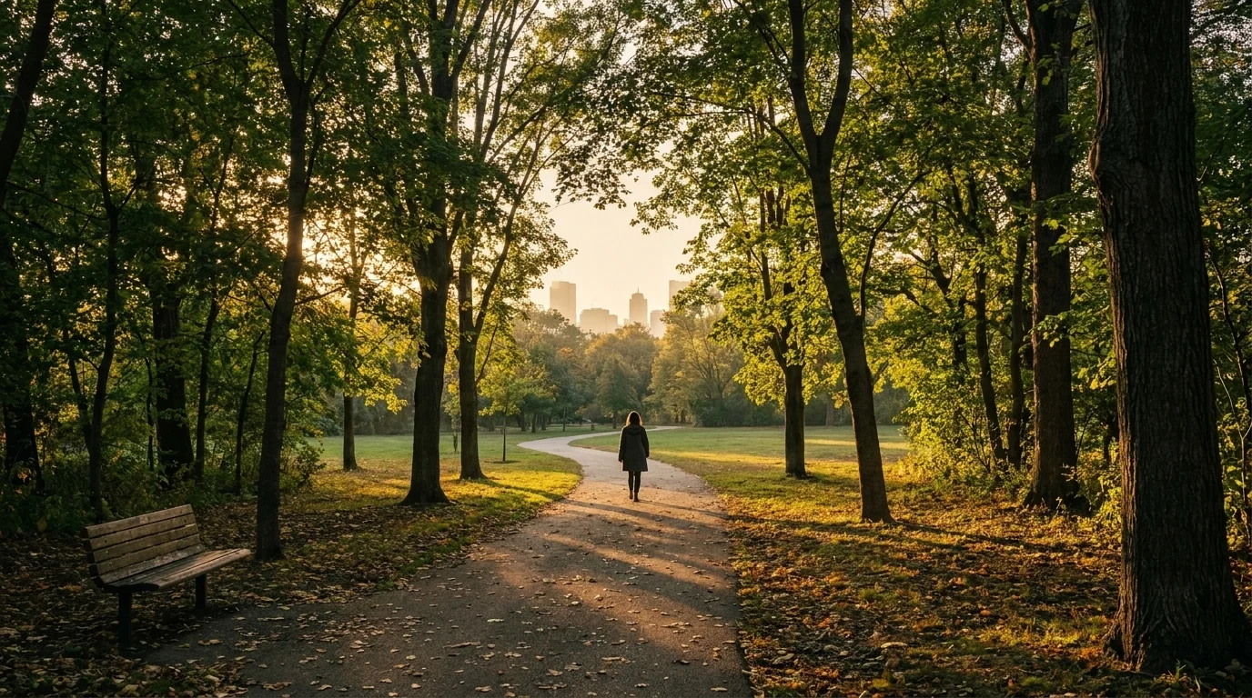 Curving path through an urban park at golden hour, a distant figure walking toward a city skyline framed by trees