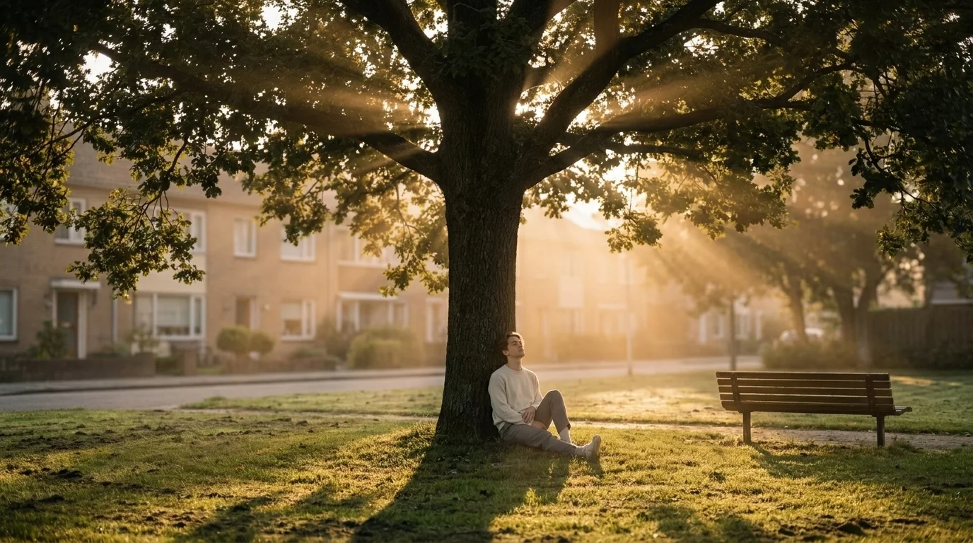 Small urban park at golden hour with a mature oak tree and a person seated softly defocused at the base of the trunk