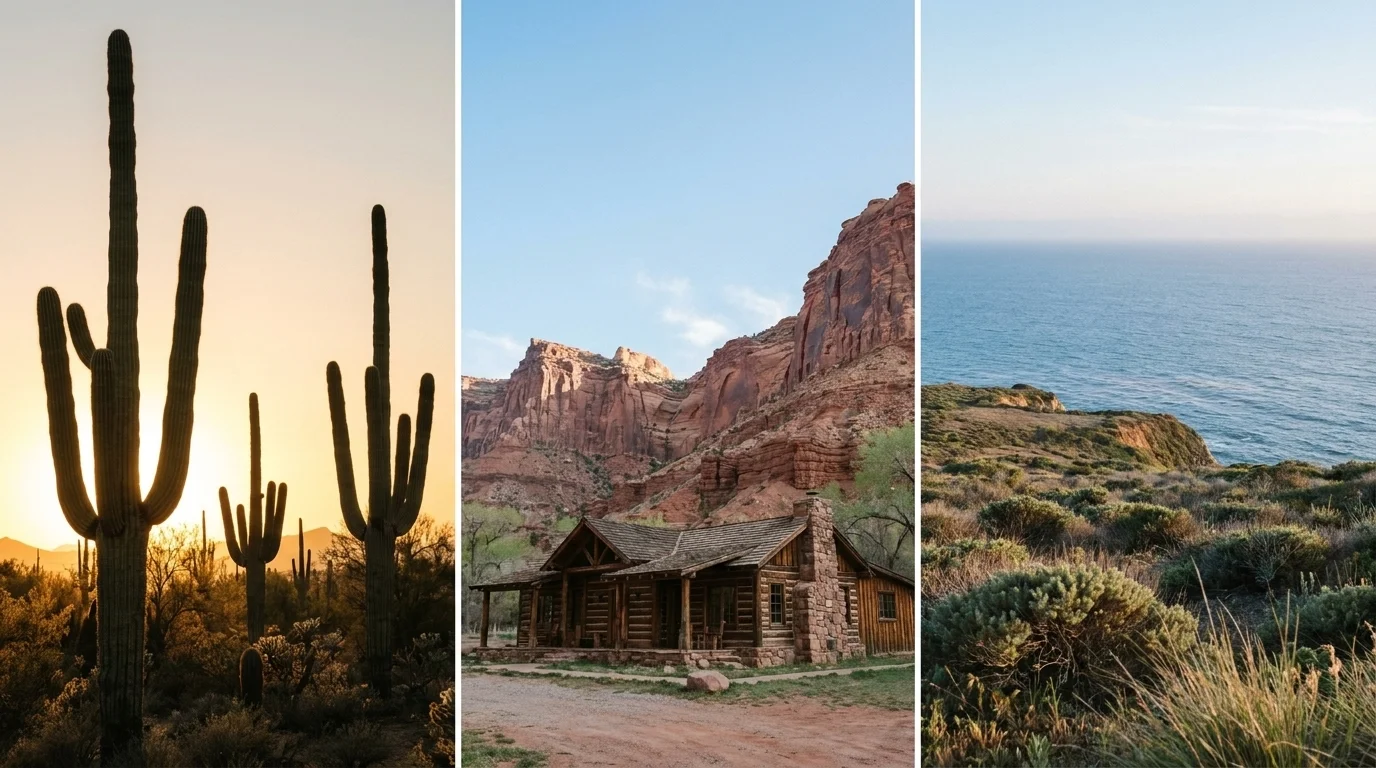 Three-panel landscape of US retreat settings — Arizona desert, a Colorado red-rock lodge, and a California coastal bluff