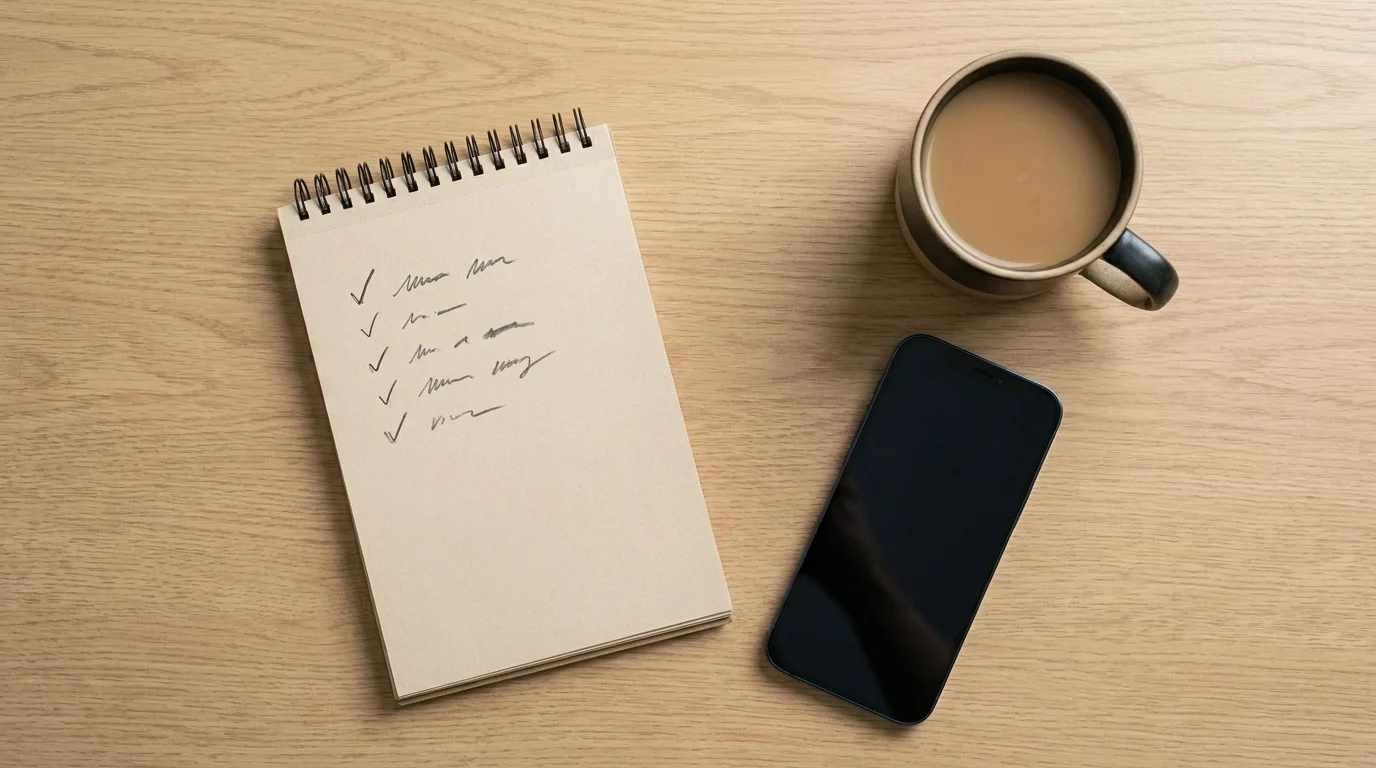 Overhead flat-lay of a notepad checklist beside a face-down phone and a cup of coffee on a calm desk