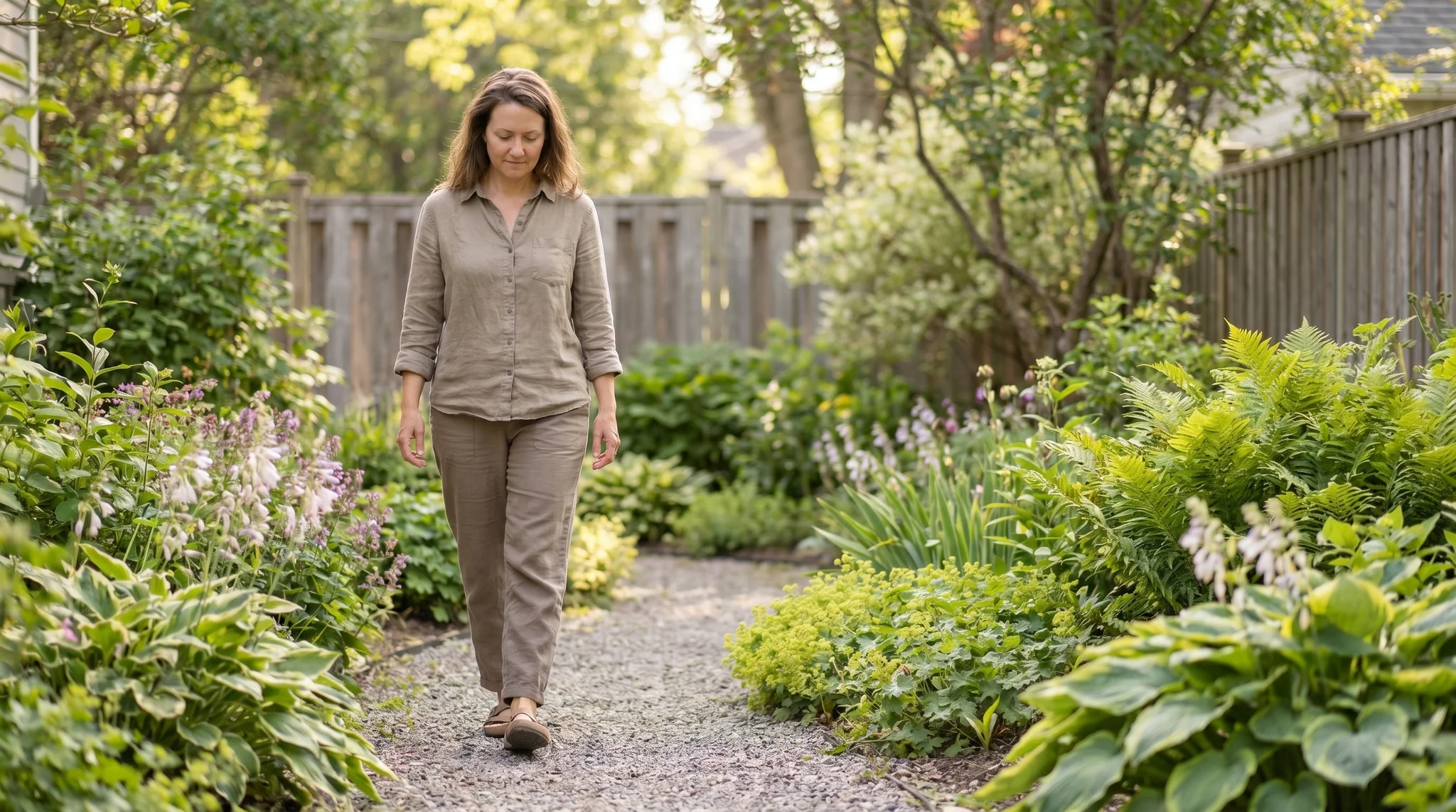 Person walking slowly in mindful walking meditation along a quiet garden path, caught mid-step