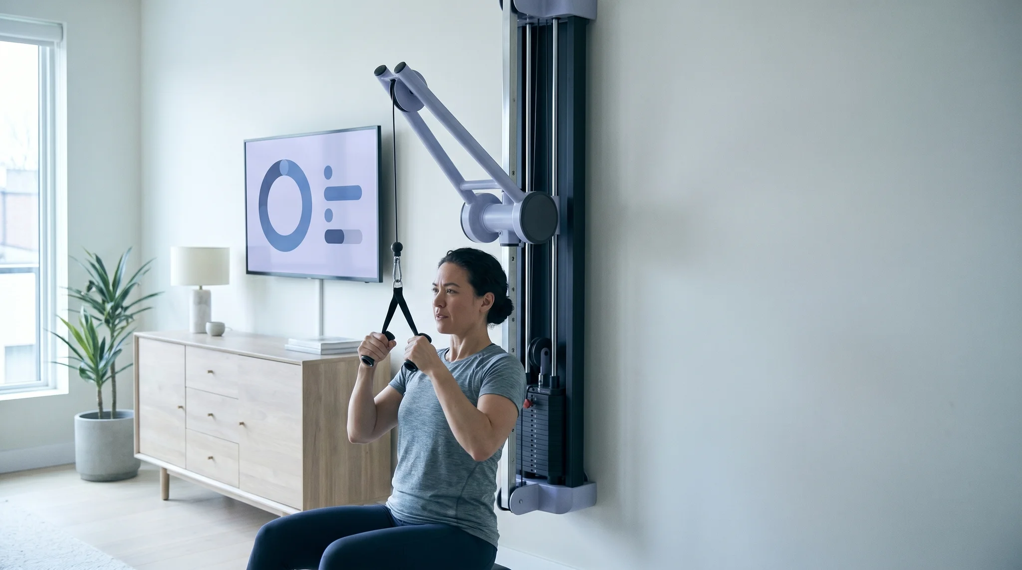 Person mid-rep on a wall-mounted digital-weight cable trainer at home with a metrics screen beside them