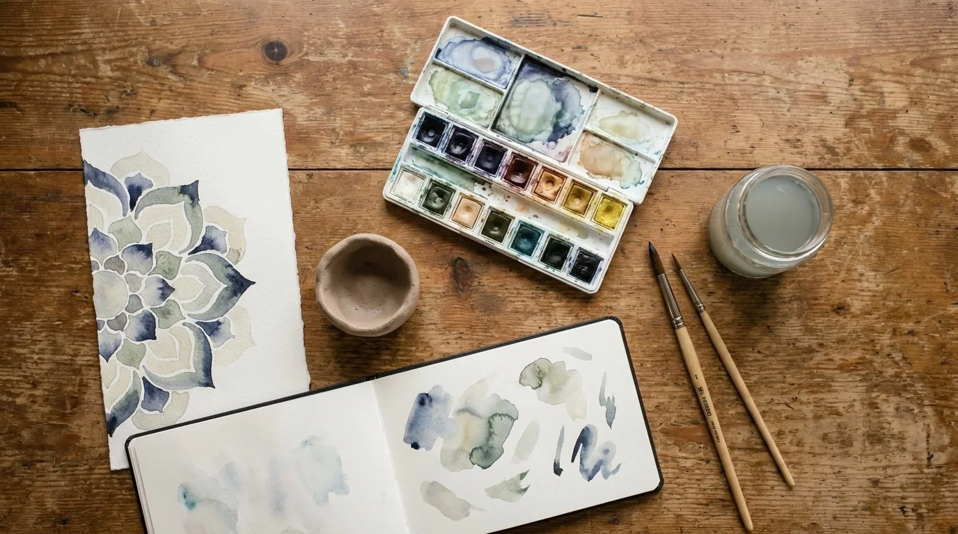 Overhead art-making setup on a wooden table with an open watercolor set, a half-colored mandala, a clay piece, and a sketchbook