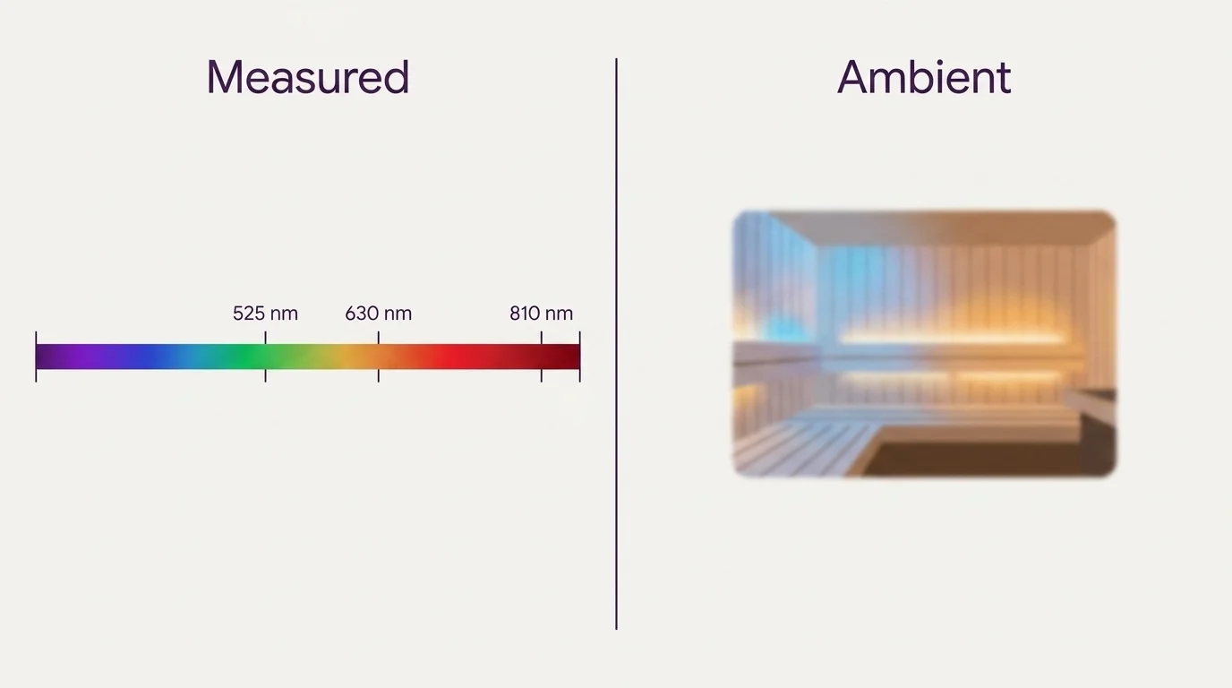 Diagram contrasting a labeled nanometer wavelength spectrum with a vague colored-light spa glow