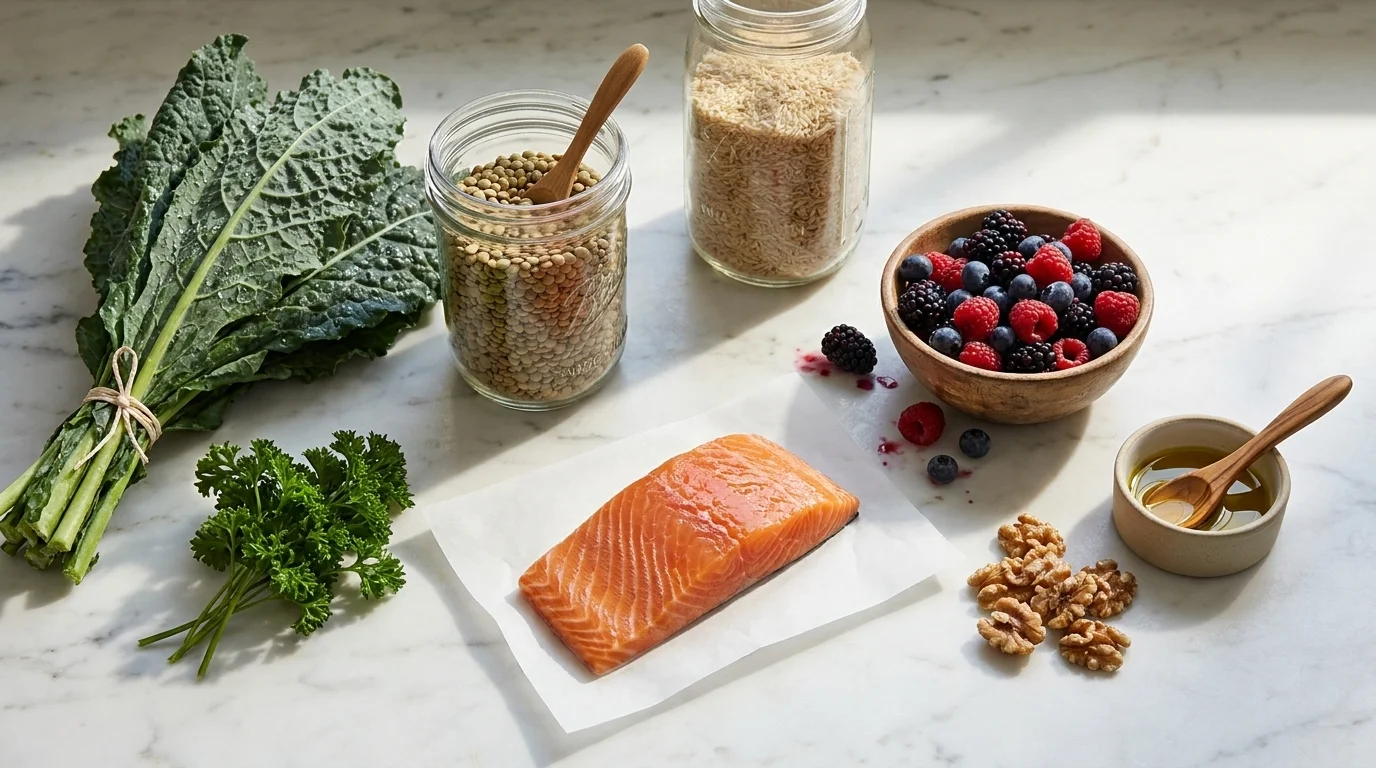 A week of whole foods on a marble counter — salmon, kale, berries, lentils, walnuts — for an anti-inflammatory diet