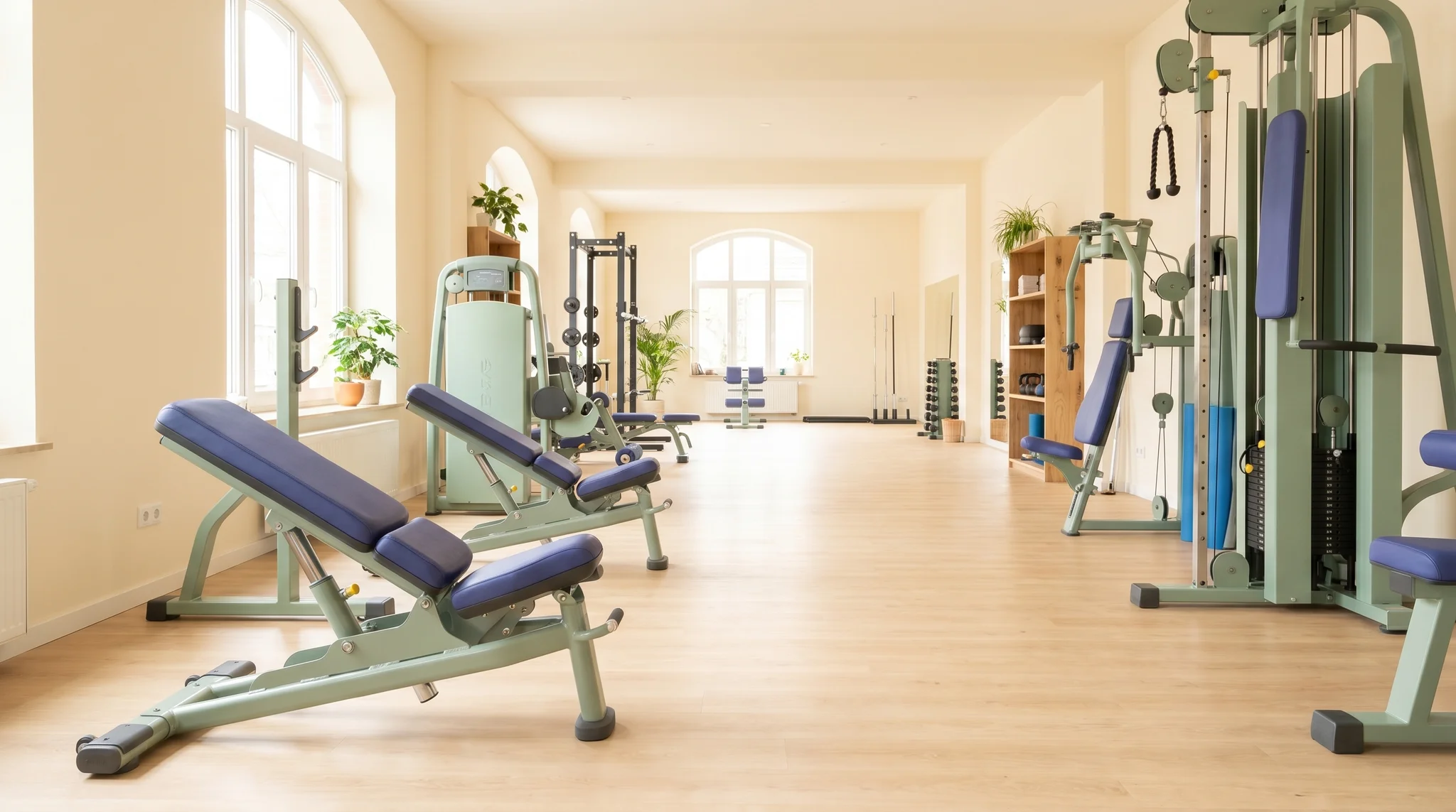 Bright welcoming gym interior with sturdy adjustable benches and resistance machines and open floor space