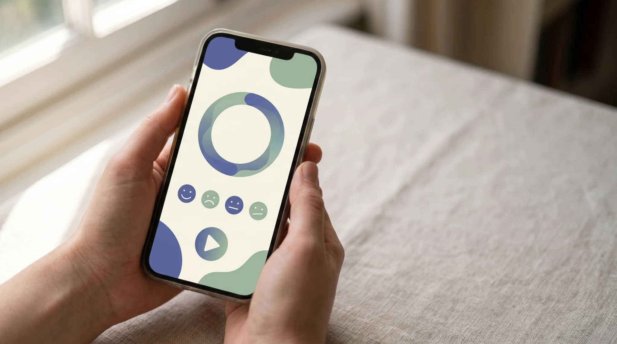 Close-up of a smartphone showing a mental wellness app interface with mood-tracking and meditation options