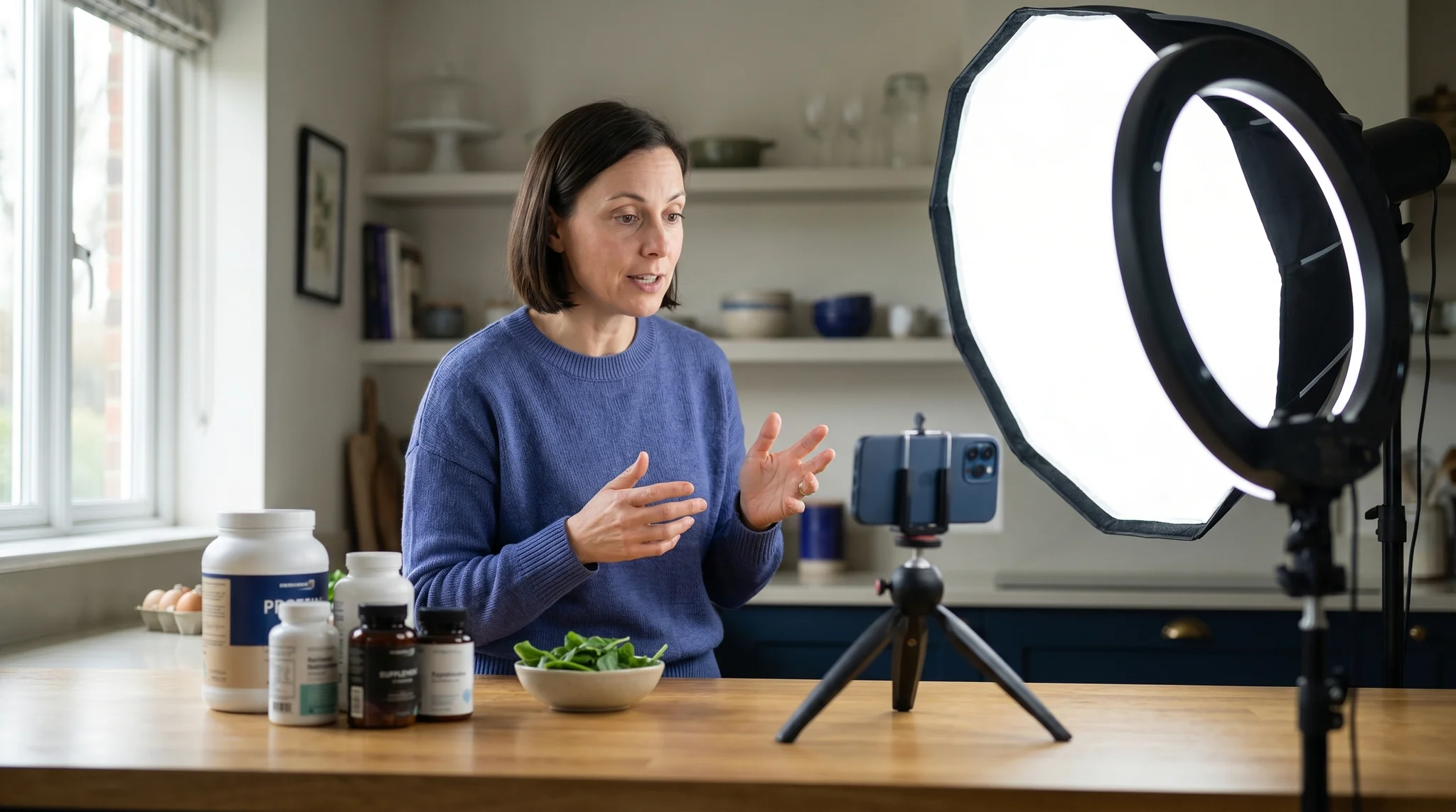 Wellness influencer filming a nutrition video with a ring light and supplement bottles arranged as props
