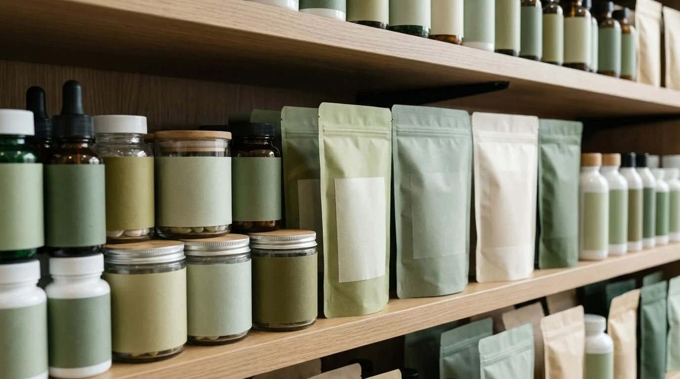 Retail shelf of wellness and supplement packages nearly all in the same shades of green, sage, and soft white