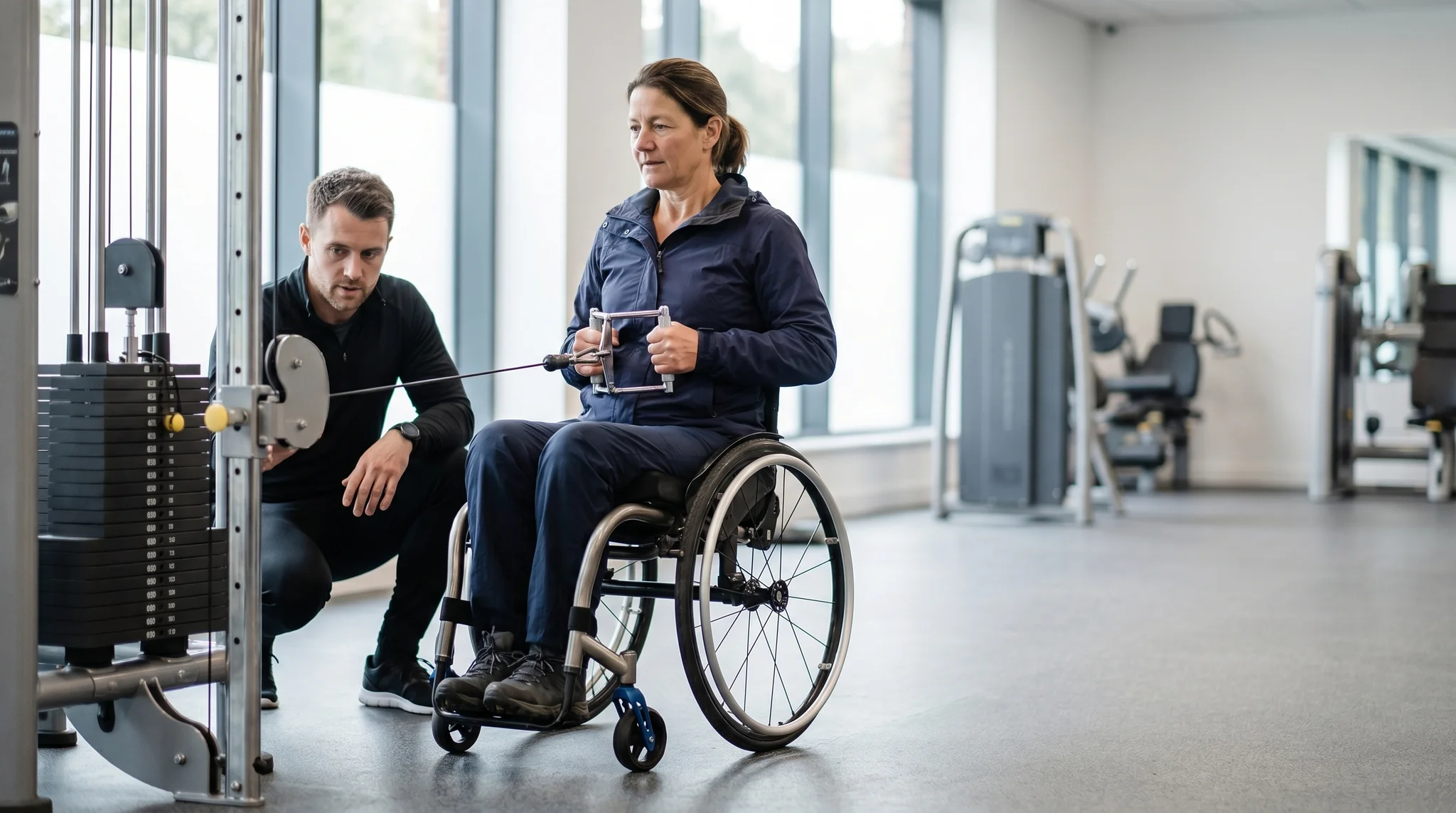 Wheelchair user training on an accessible cable machine while a coach watches their form in a gym