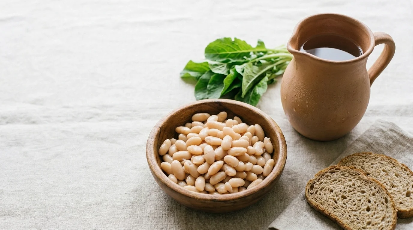 A wooden bowl of cooked white beans with leafy greens, a clay water pitcher, and whole-grain bread on linen