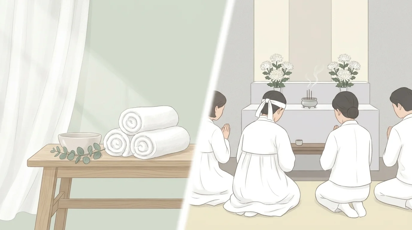 Split illustration of the color white: a serene Western spa on one side, an East Asian white mourning scene on the other