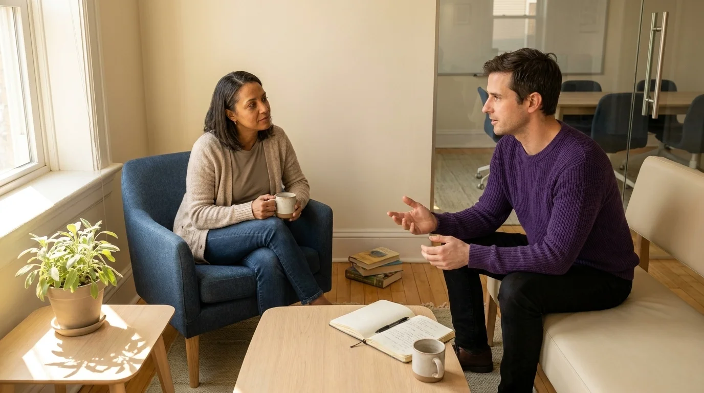 Wide office shot of a manager-and-employee 1:1 conversation in a quiet coffee-area corner with notebooks open in warm light