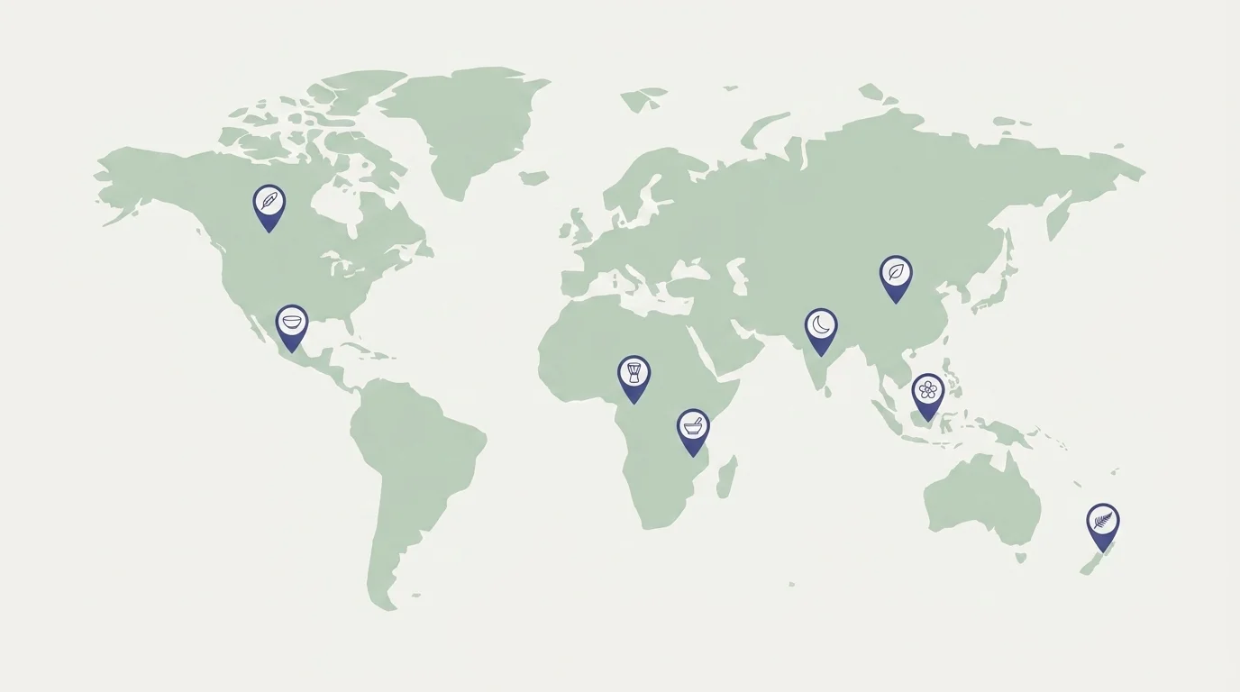 A flat world map with eight icon pins marking healing traditions in India, China, Mexico, Africa, and beyond