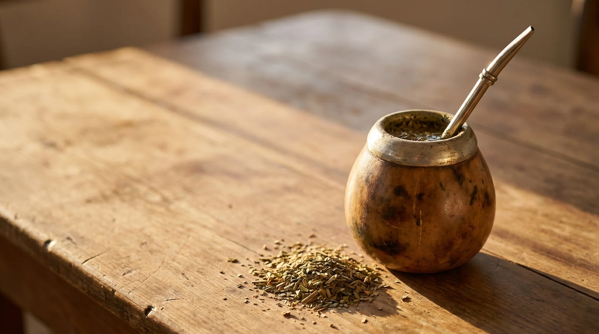 Traditional yerba mate gourd with a metal bombilla straw beside loose dried mate leaves on rustic wood