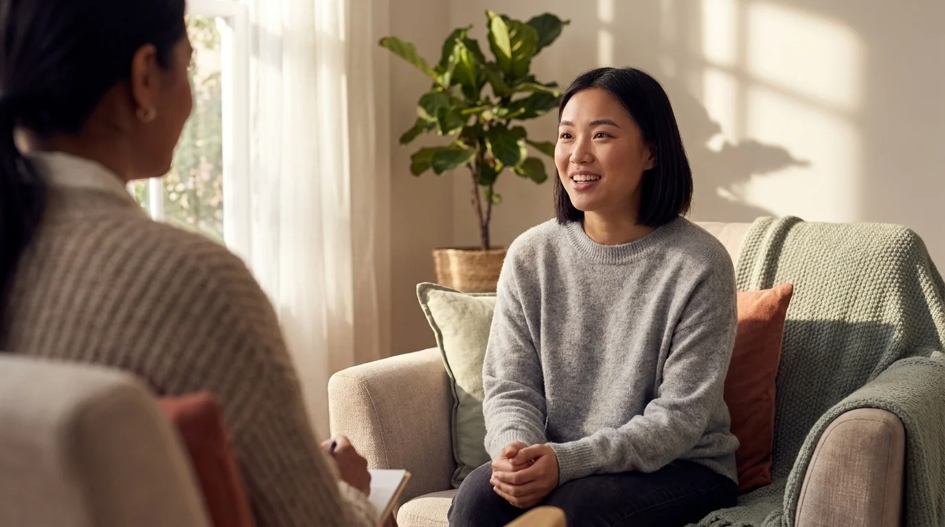 Young adult sitting and talking with a therapist whose back is to the camera in a calm, well-lit counseling office