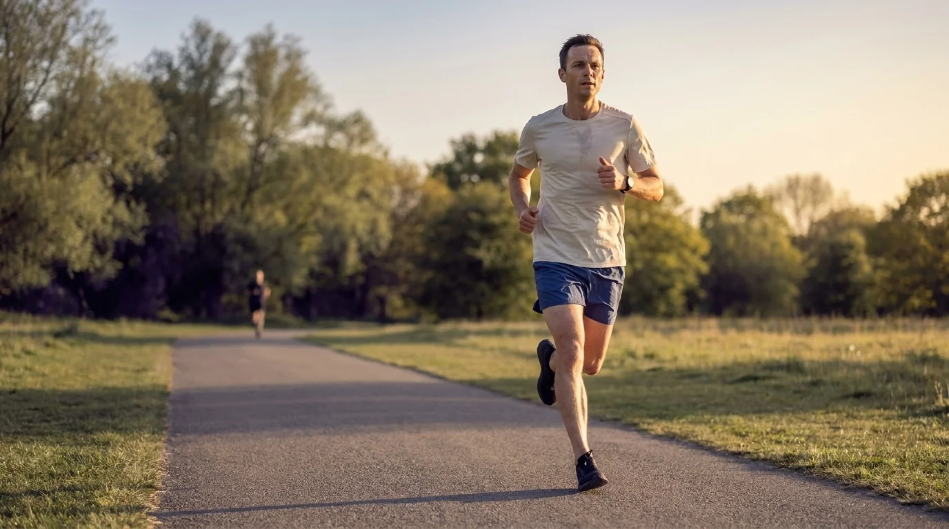 Runner in athletic clothing doing zone 2 cardio on a park trail at golden hour with a heart-rate monitor on their wrist