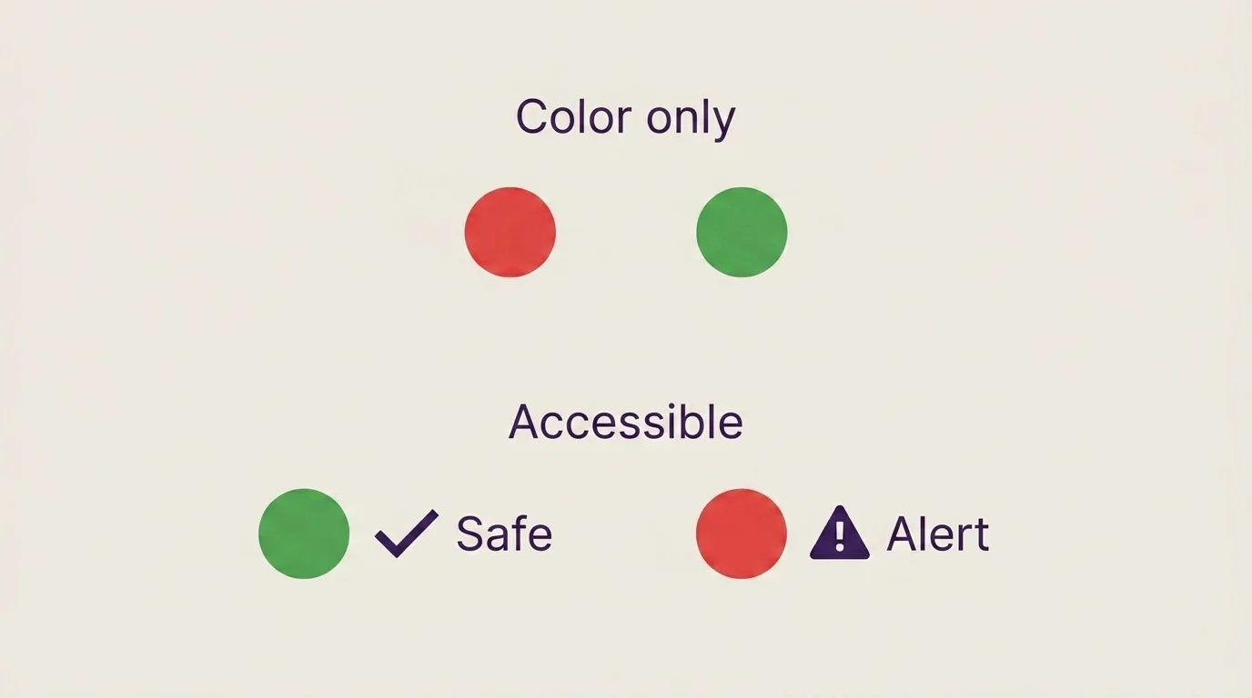 Diagram comparing color-only red and green status dots with an accessible version adding an icon and label to each