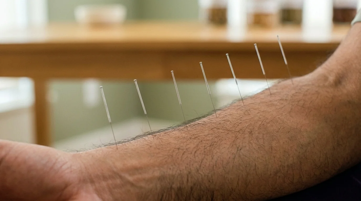Close-up of acupuncture needles placed along a person's forearm in a clean clinical setting