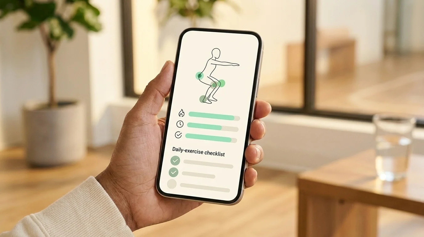 Smartphone displaying an AI rehab app — stick-figure pose estimation, target dots on joints, and habit progress bars