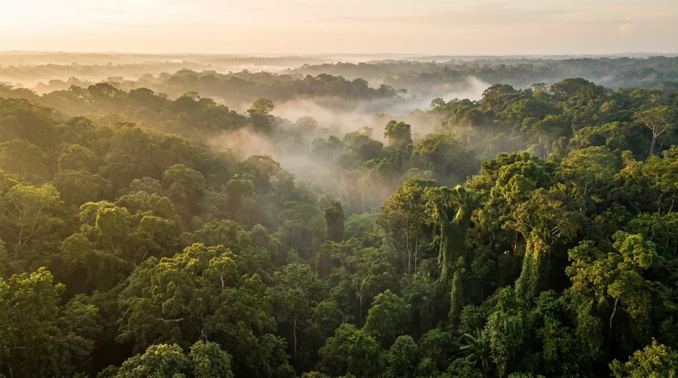 Aerial view of dense Amazon rainforest canopy at sunrise with mist rising between the treetops