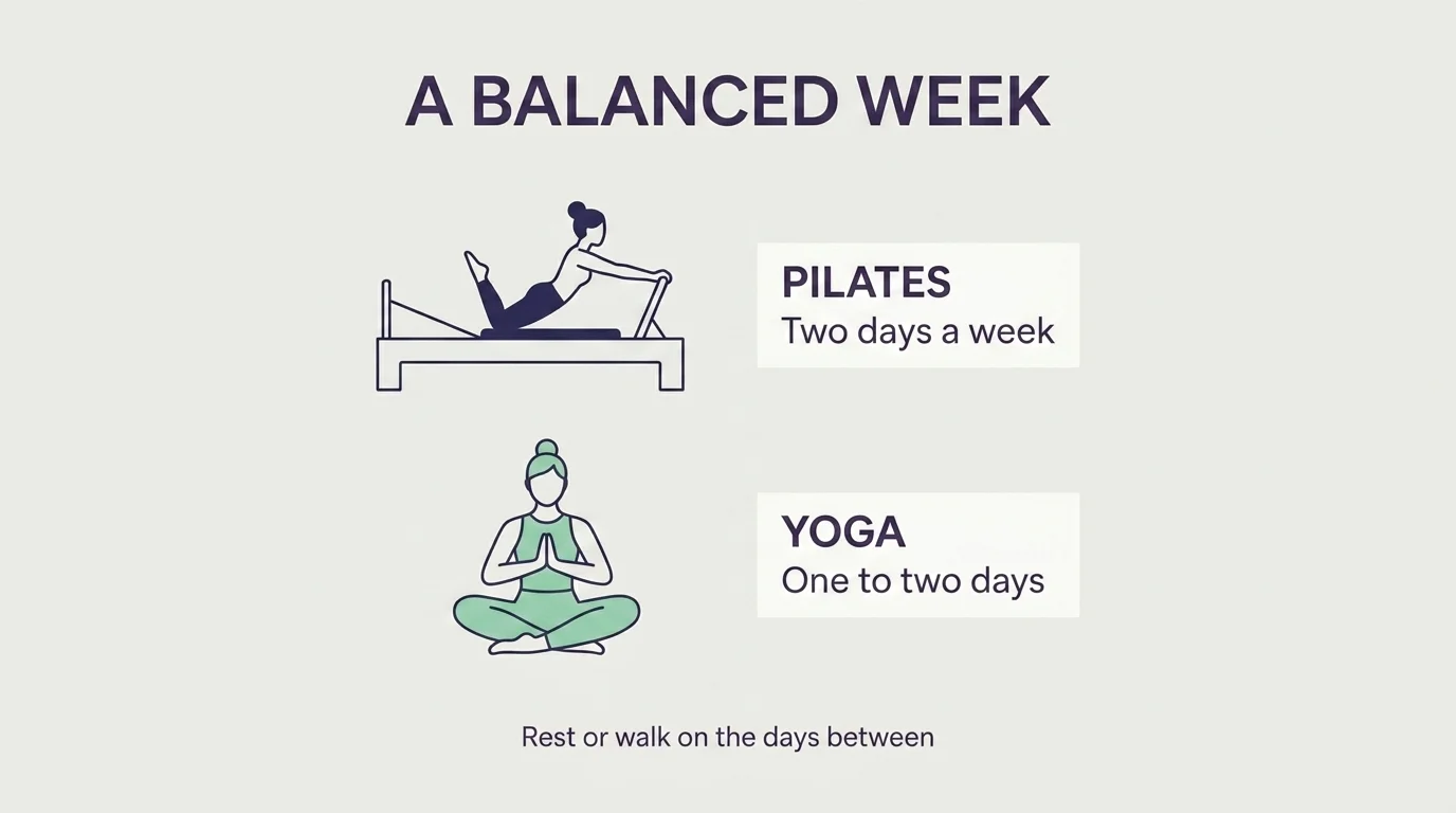 Weekly plan showing Pilates two days a week and yoga one to two days, with rest days between