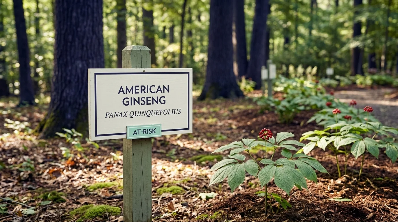 Botanical garden information sign reading American Ginseng Panax quinquefolius At-Risk beside cultivated ginseng plants