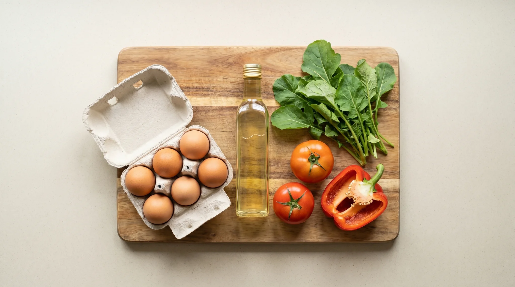 Overhead flat lay of canola oil, brown eggs, and fresh vegetables on a wooden board in daylight