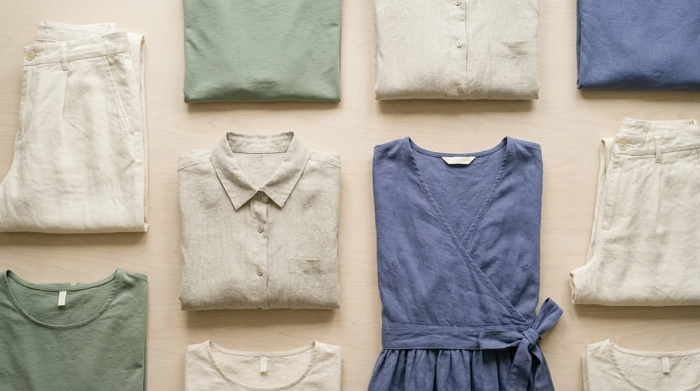 Flat-lay of a small capsule wardrobe of folded organic cotton and linen garments in muted natural tones