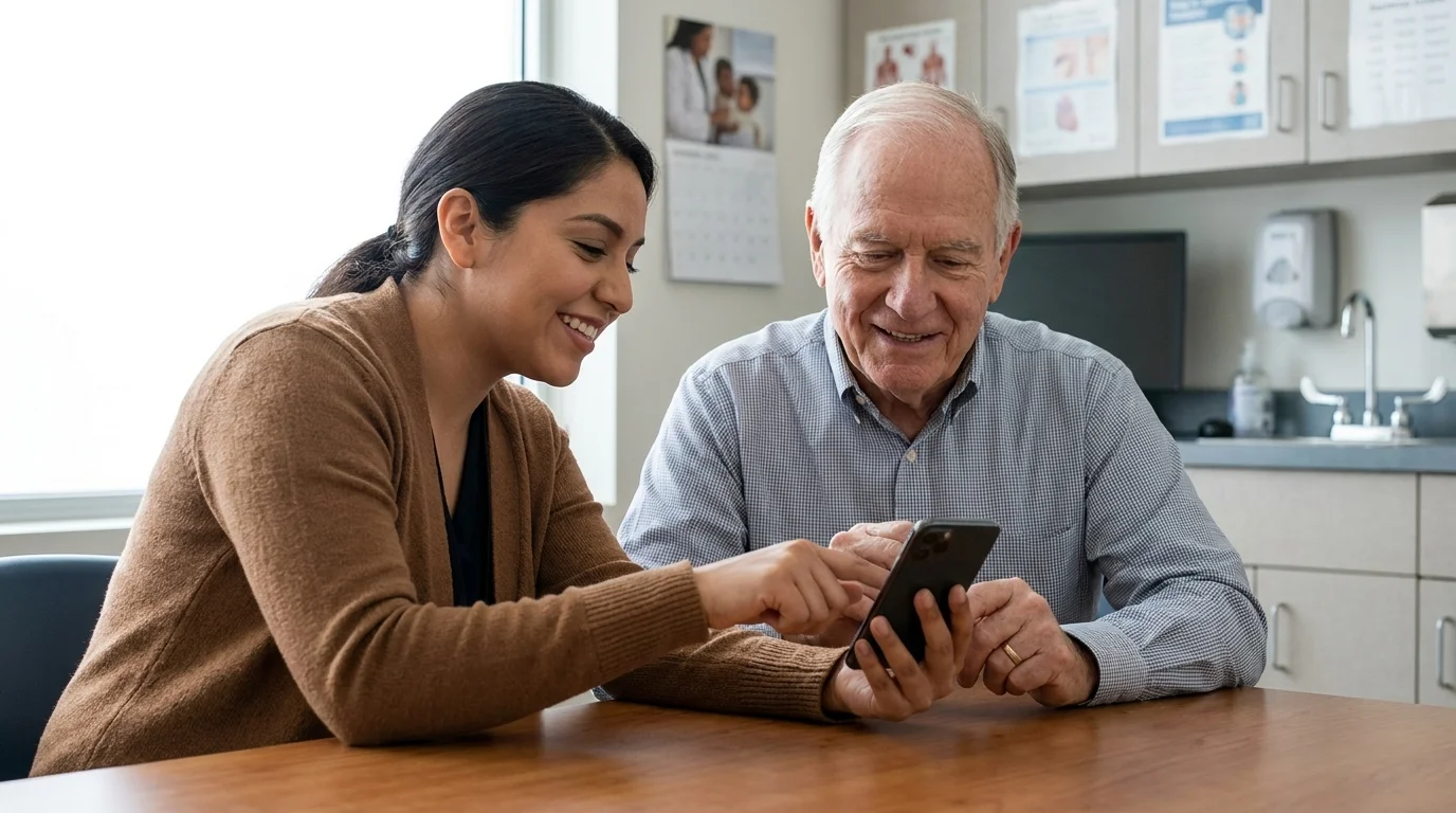 Community health worker helping an older patient set up a health app on his smartphone at a clinic table