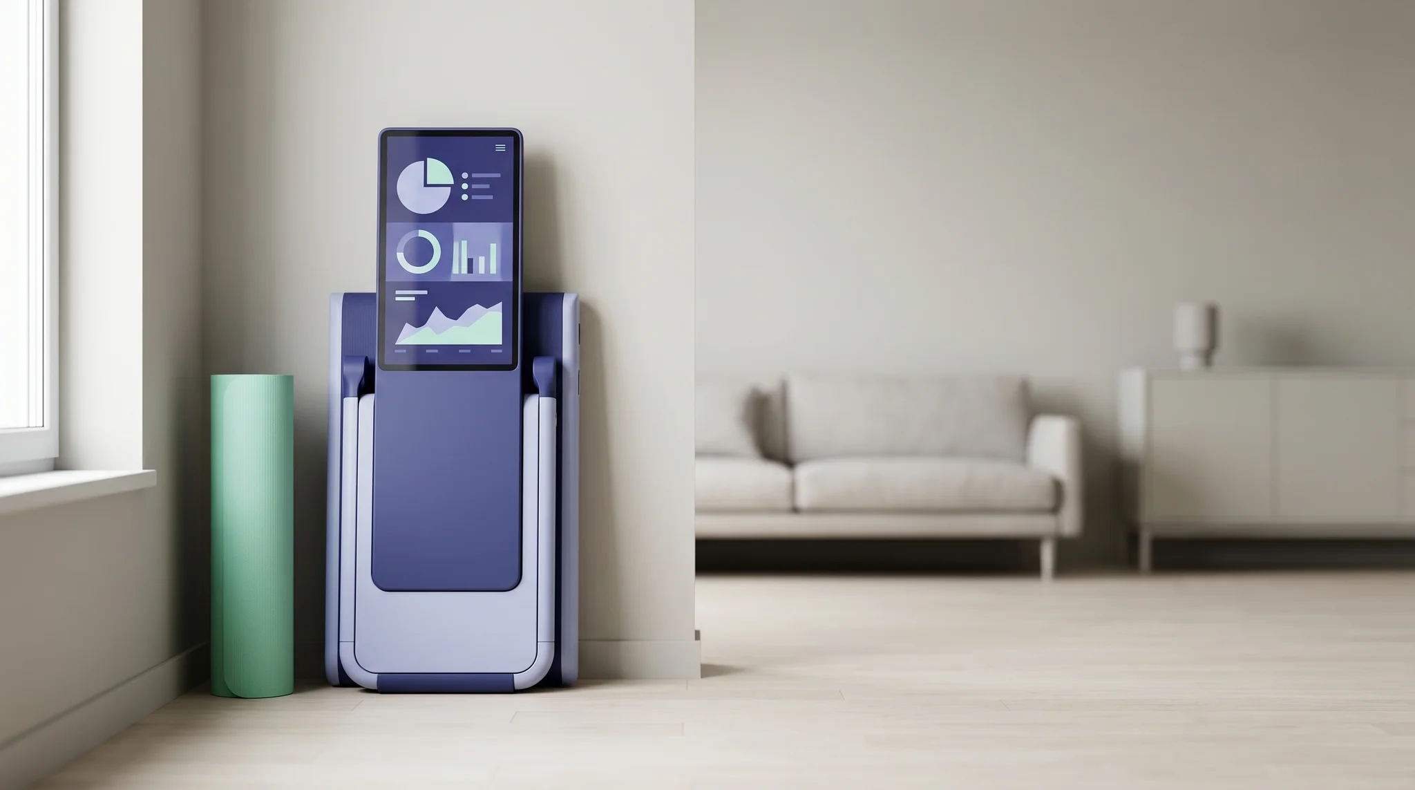 Compact freestanding folding smart home gym unit tucked into a small minimalist apartment corner