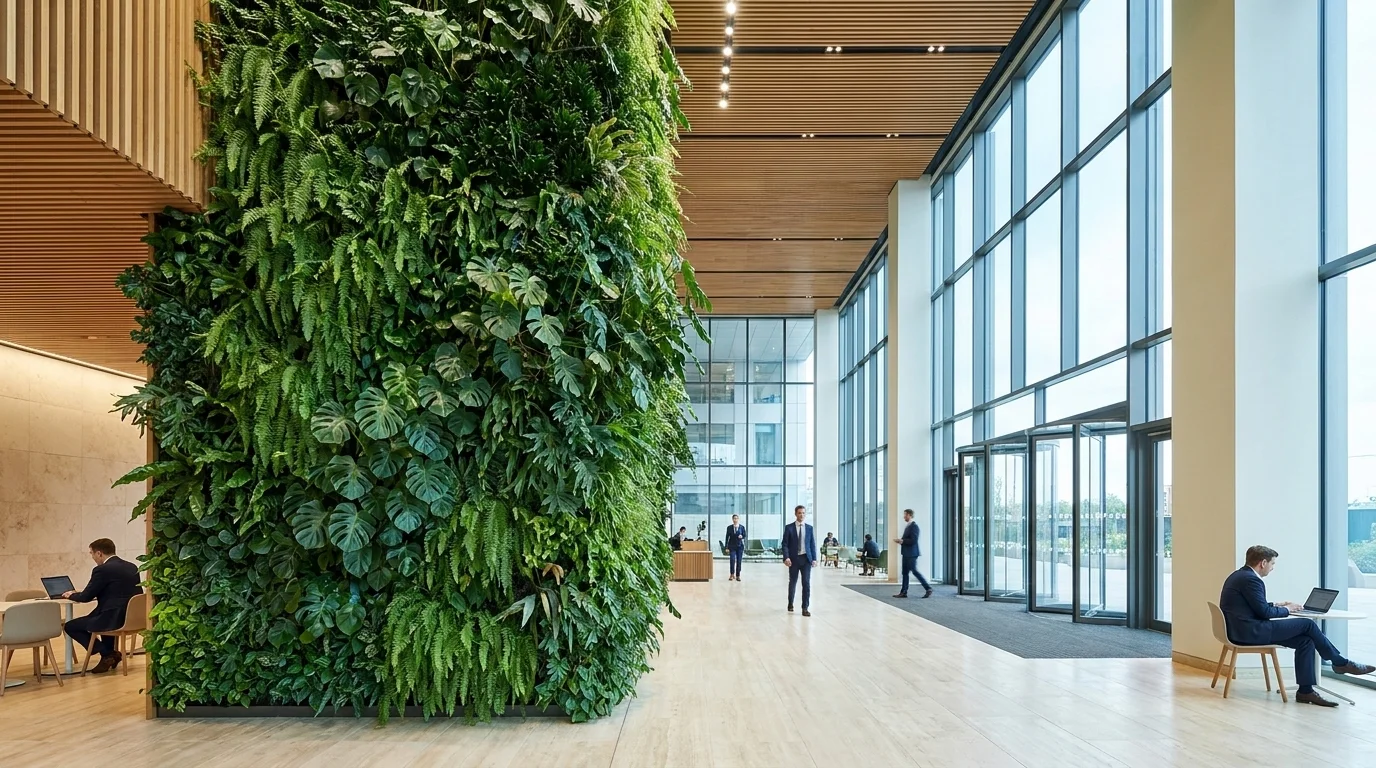 Modern corporate office lobby with a floor-to-ceiling living green wall, daylight atrium, timber and stone finishes