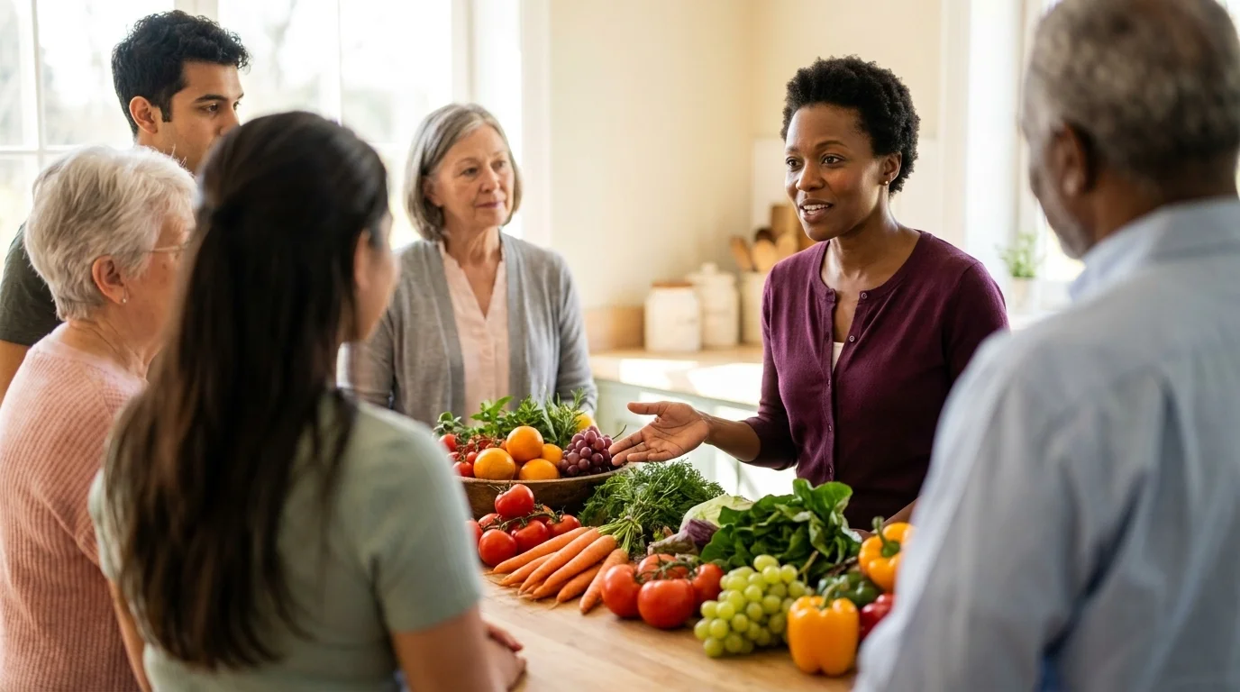 Registered dietitian speaking to a small group in a bright community kitchen, gesturing toward fresh produce on the counter