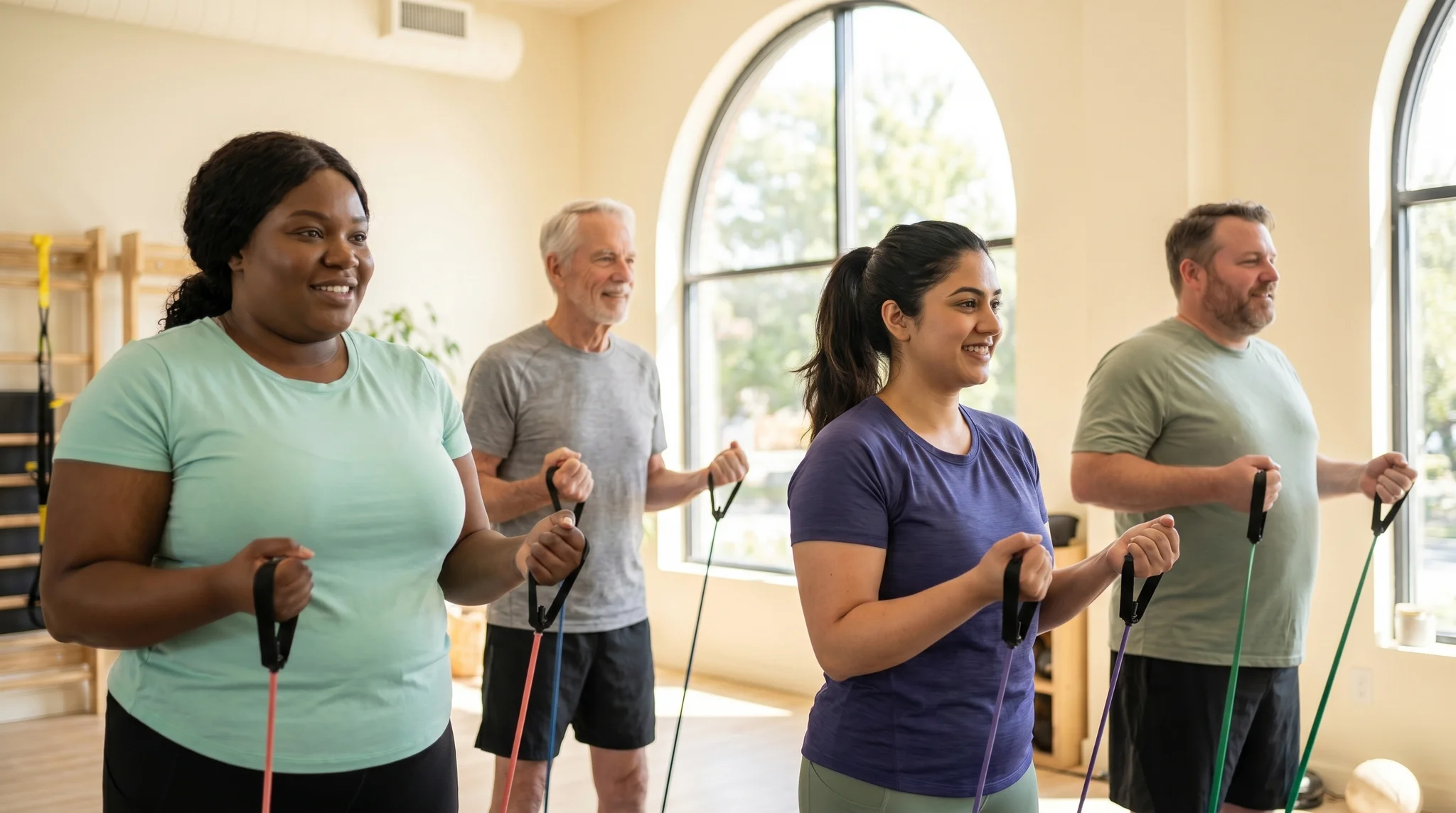 Diverse group fitness class of varied body sizes and ages doing a standing resistance-band exercise