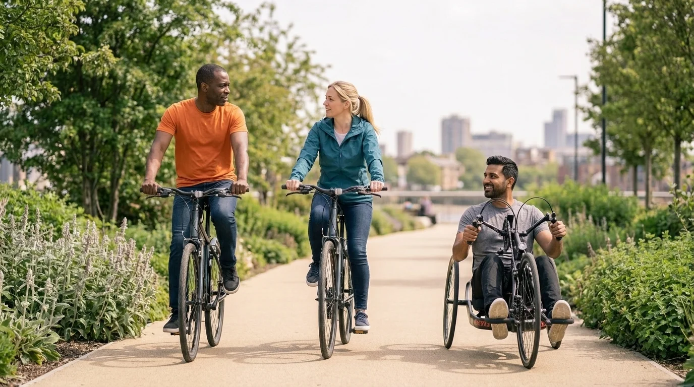 Diverse small group of casual riders on a city greenway, one on an adaptive hand-cycle, riding together