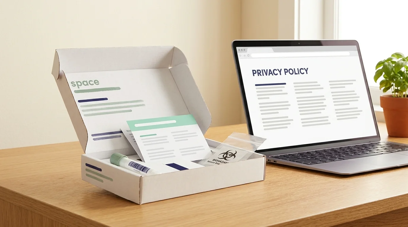DNA fitness test collection kit with saliva tube on a wood desk beside a laptop showing a privacy policy page