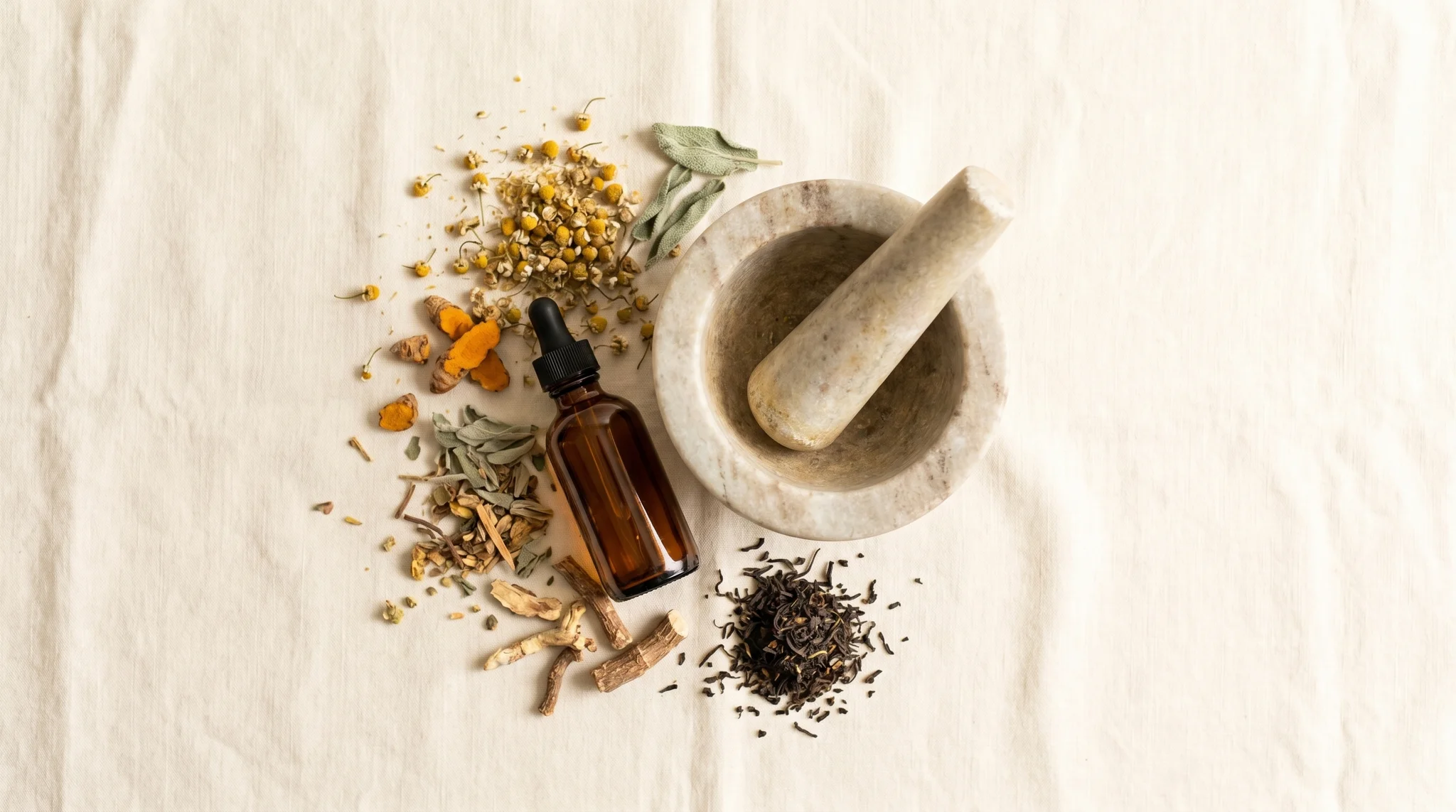 Overhead still life of dried herbs, a glass tincture bottle, loose tea, and a mortar and pestle on linen