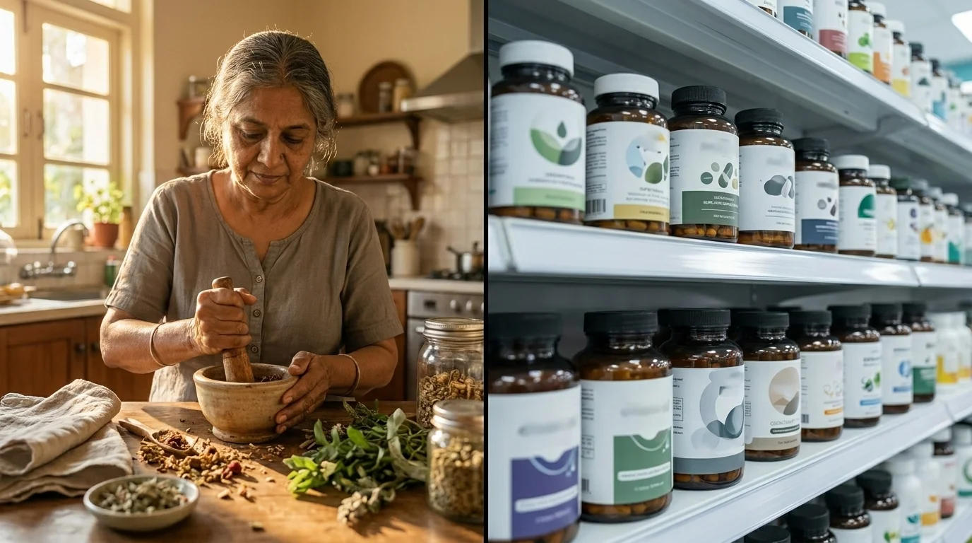 An elder grinding a herbal remedy by hand on the left, a glossy shelf of branded supplement bottles on the right