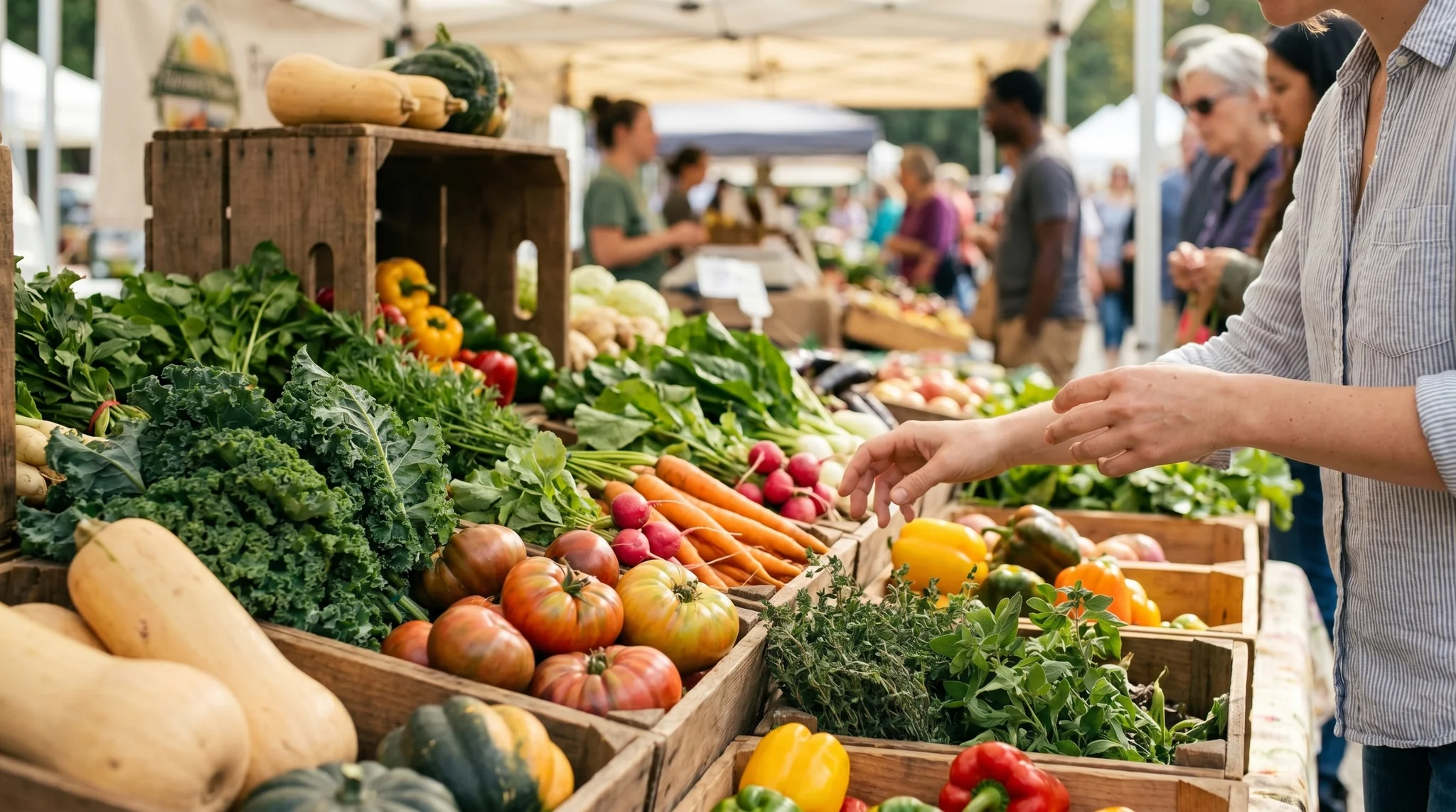 Shopper choosing seasonal vegetables and leafy greens from wooden crates at a farmers' market produce stall