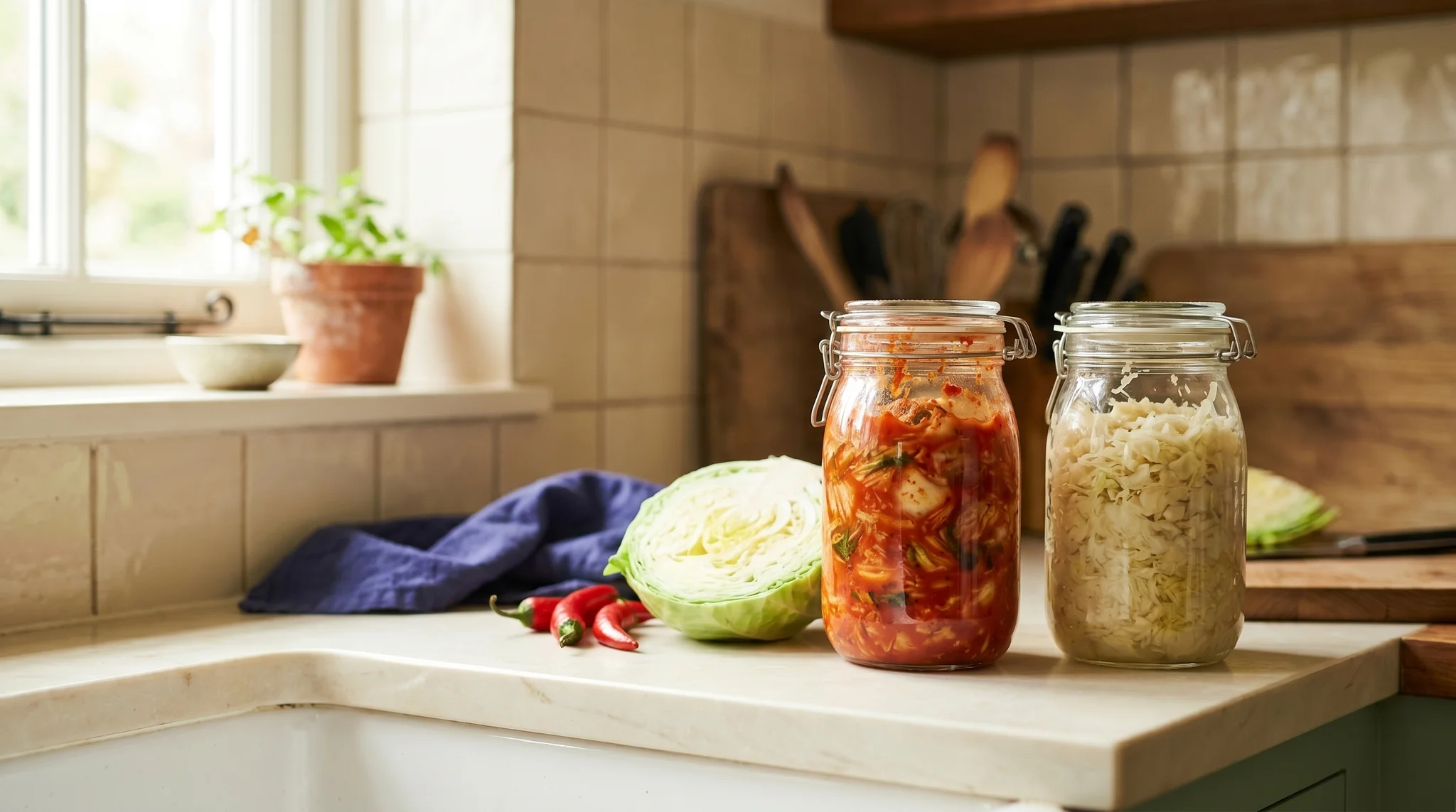 Jars of homemade kimchi and sauerkraut on a kitchen counter beside fresh cabbage and red chili