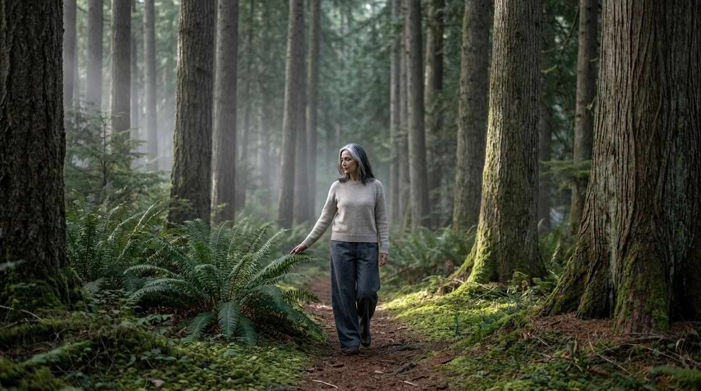 Woman walking slowly along a misty old-growth forest path in dappled morning light, forest bathing among tall firs