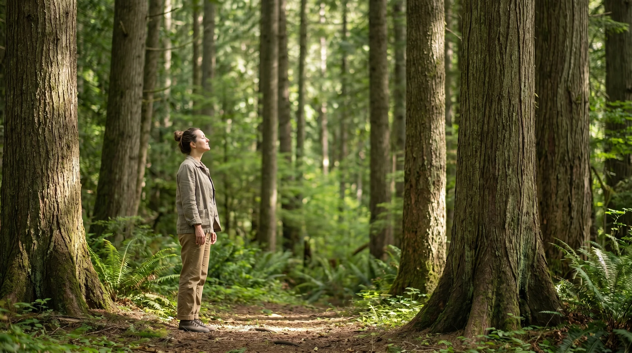 Person standing quietly among tall trees in a green forest, soft light filtering through the canopy