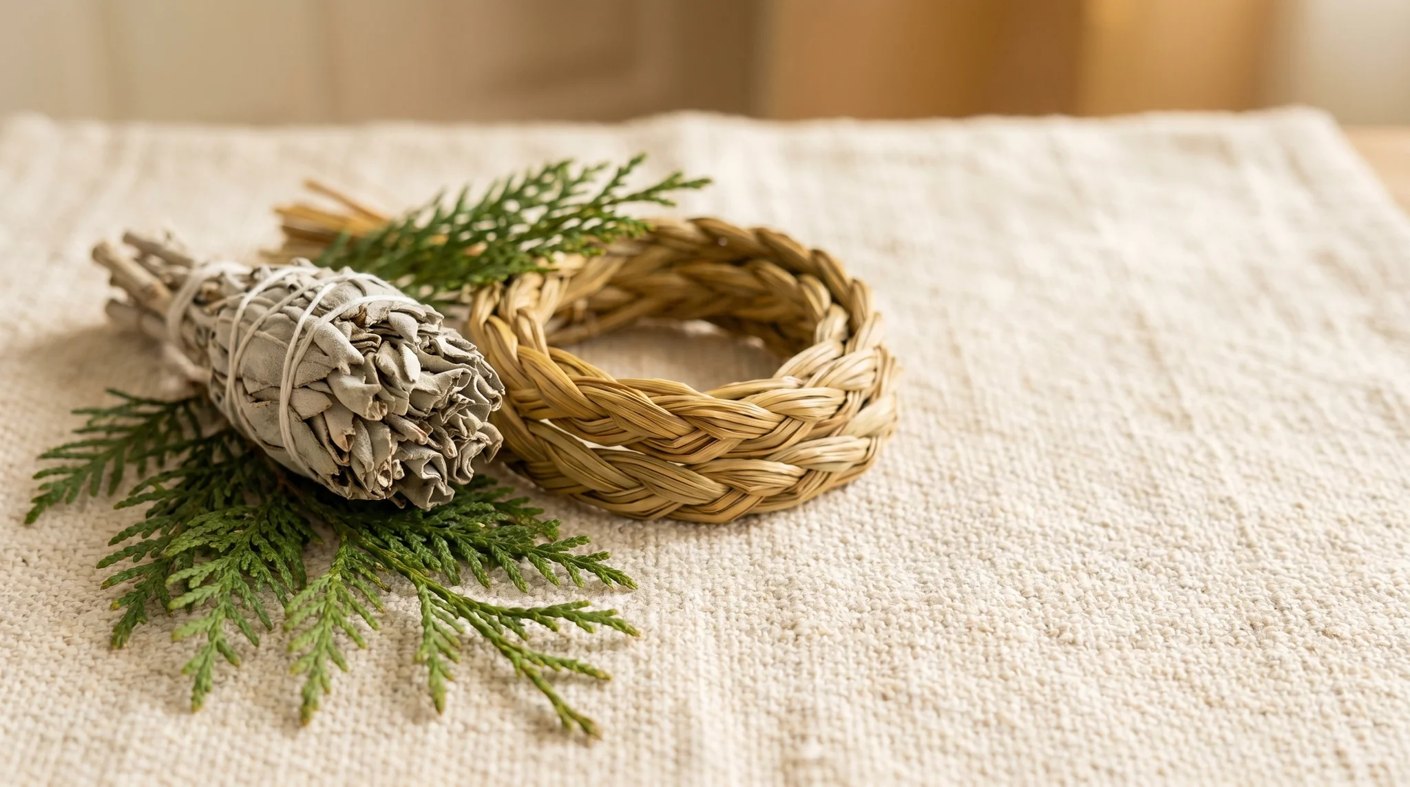 Still life of bundled dried sage, braided sweetgrass, and cedar sprigs on natural woven cloth