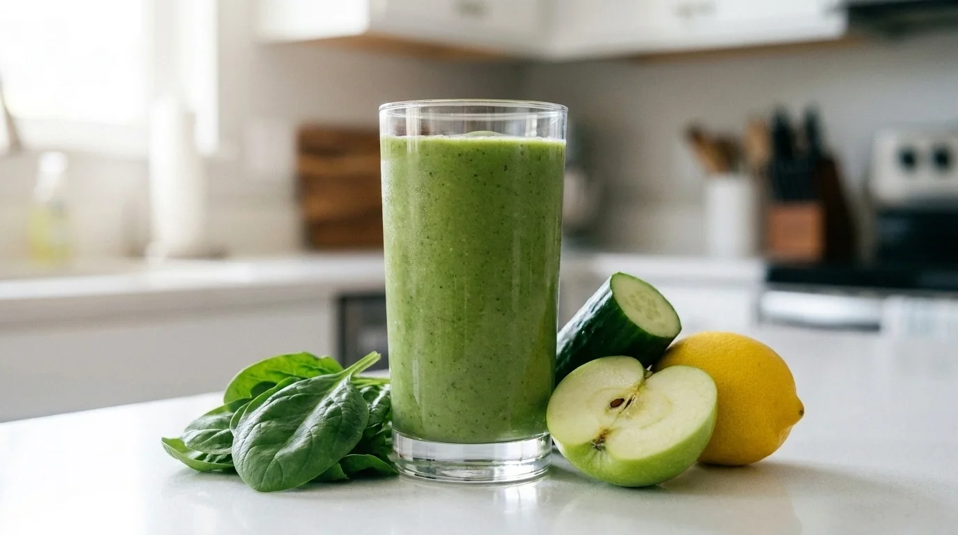 Tall green smoothie in a glass beside whole spinach, green apple, cucumber and lemon in bright morning light