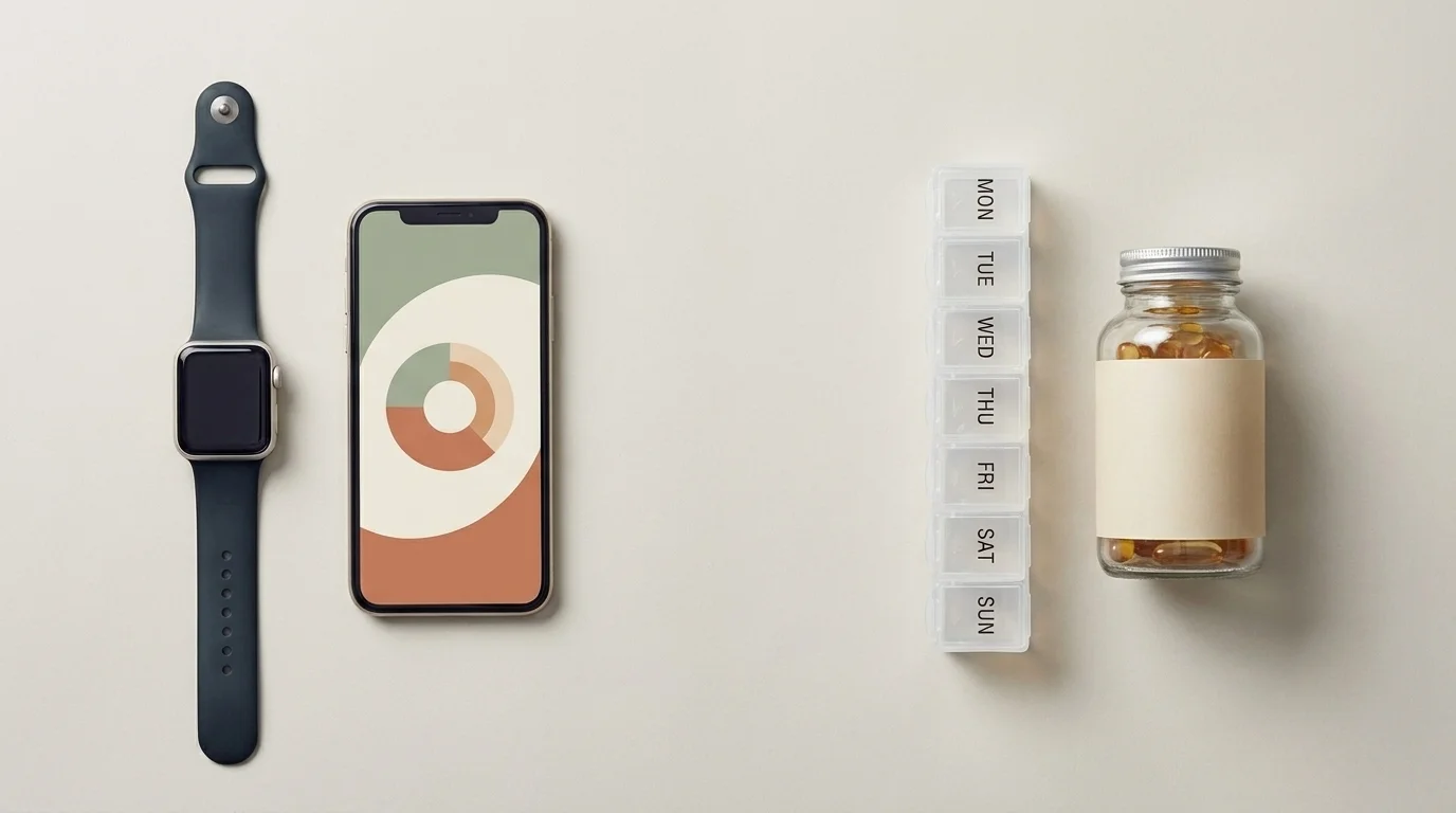 Flat-lay of a smartwatch and meditation-app phone beside a pill organizer and a bottle of vitamins